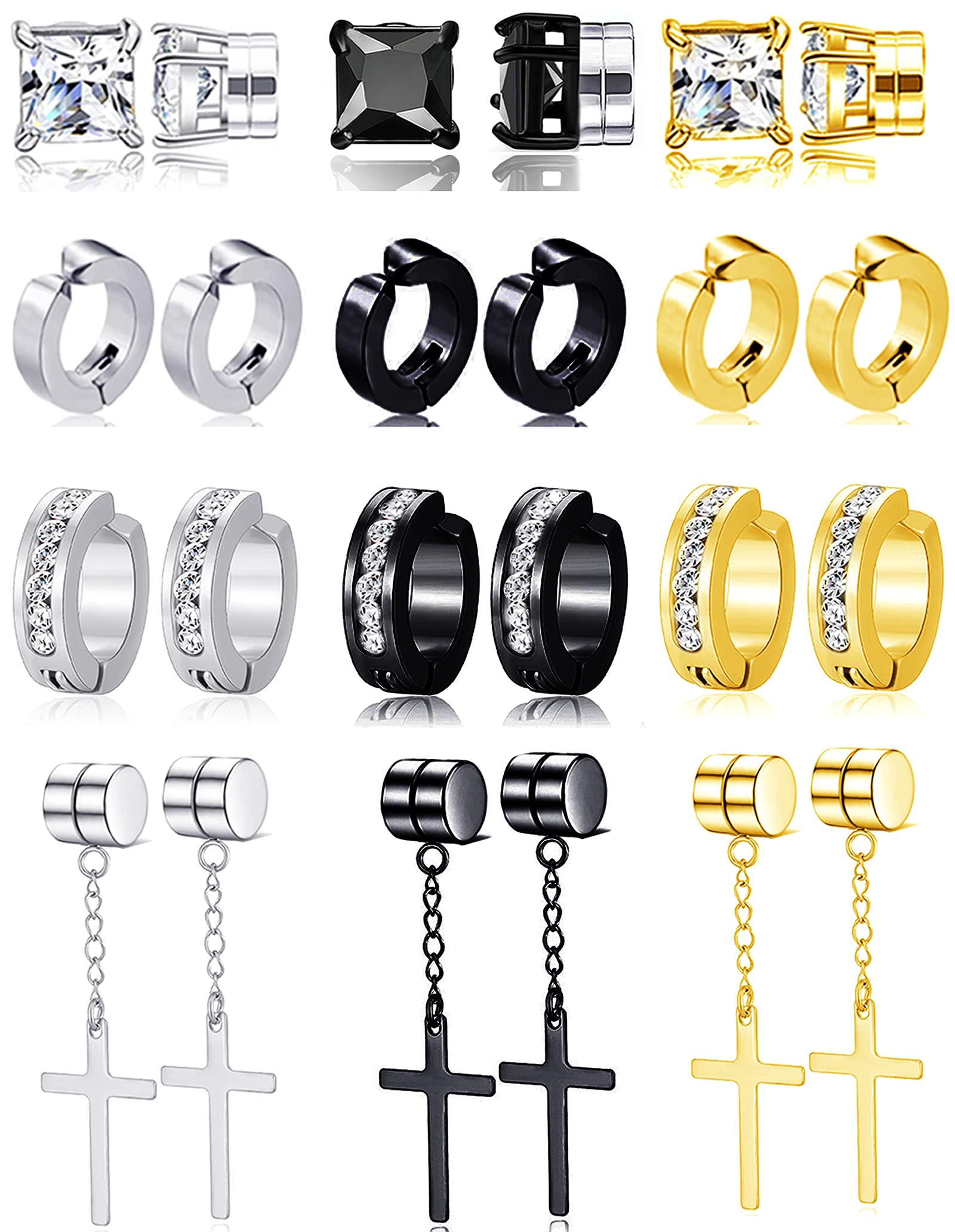 Ofeiyaa 12 Pairs Magnetic Stud Earrings Stainless Steel Non Pierced Earrings Punk CZ Hoop Dangle Hinged Feather Clip on Magnet Earring Set for Men