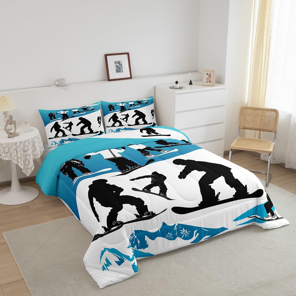 Feelyou Skiing Comforter Snow Mountain Comforter Set for Boys Girls Extreme Sports Bedding Set Room Decor Snowboard Snow Blue Duvet Set Full Size Quilt 3Pcs Boys