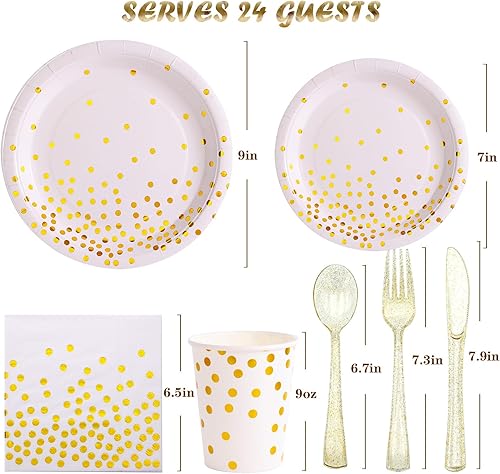 Miniatura 2 de Juego de platos y servilletas de fiesta blancos y dorados, platos de papel desechables con puntos dorados, decoraciones de suministros de fiesta