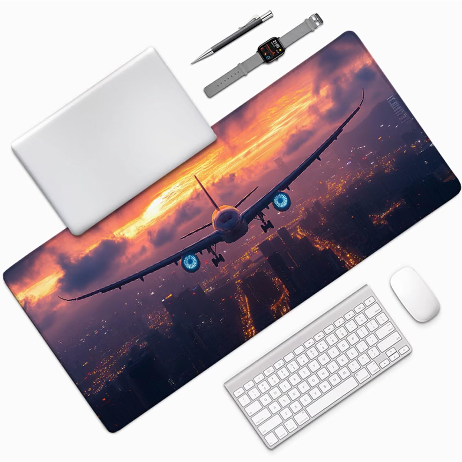 Tappetino Mouse XXL Aereo, Tappetino Scrivania Grande 1600x800x3mm Tramonto, Mouse Pad con Base in Gomma Antiscivolo, Accessori Gaming, Sottomano Scrivania con Bordi Cuciti, per PC, Laptop 6-9468