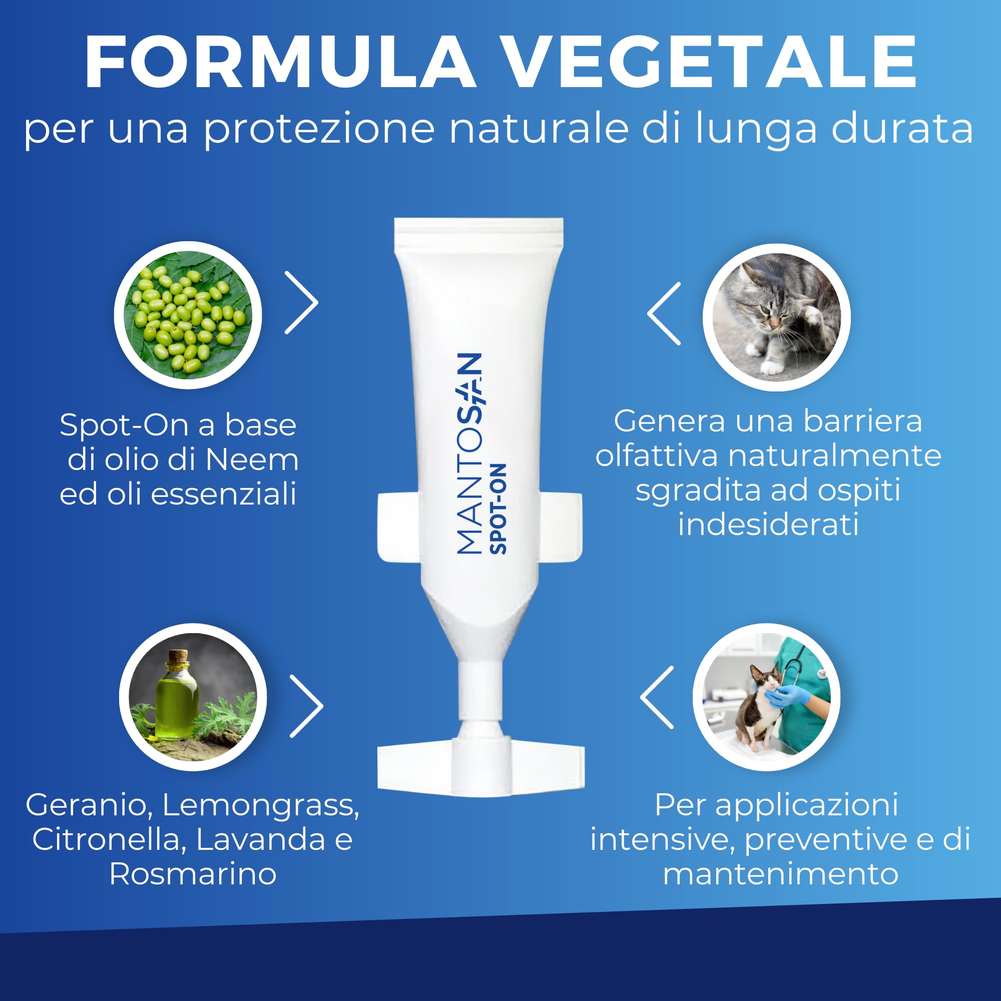 Mantosan Spot-On Vegetale per Gatti 5 Pipette da 3ml Protezione Naturale con Olio di Neem Ozonizzato e Oli essenziali di Geranio, Citronella, Lemongrass, Lavanda e Rosmarino - Nuova Formula