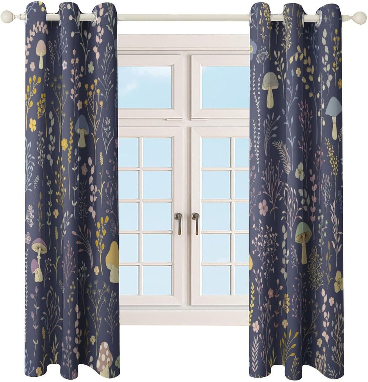 Mushroom Blackout Curtains for Bedroom, Cartoon Enchanted Forest Flowers Decor Window Treatments, Grommet Drapes for Kids Children's Room Nursery, 42x54in