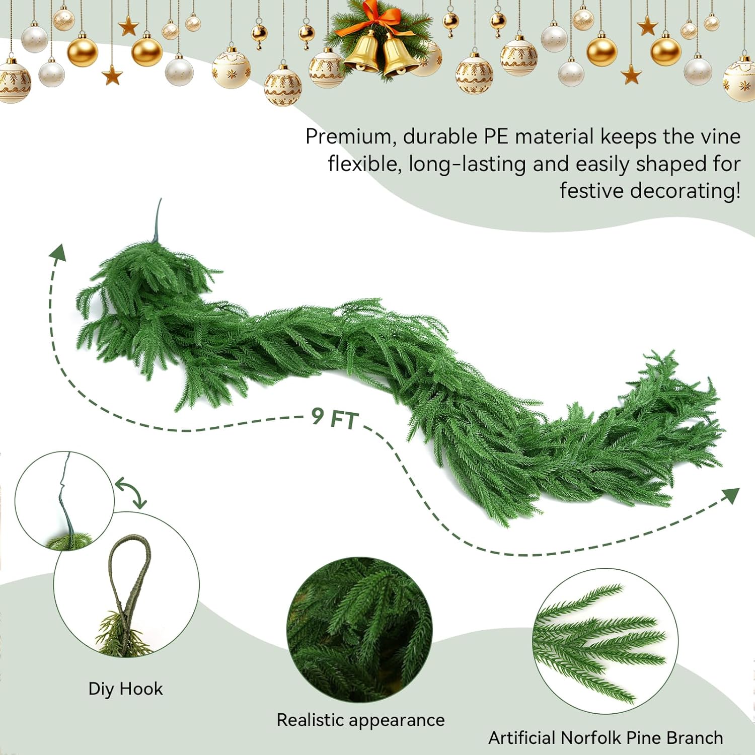 9FT Christmas Garland Artificial Norfolk Pine Garland,Handmade Real Touch Greenery Faux Pine Needles Garland for Home Table Mantle Fireplace Indoor Outdoor Christmas Decor(Dark Green) - Image 3