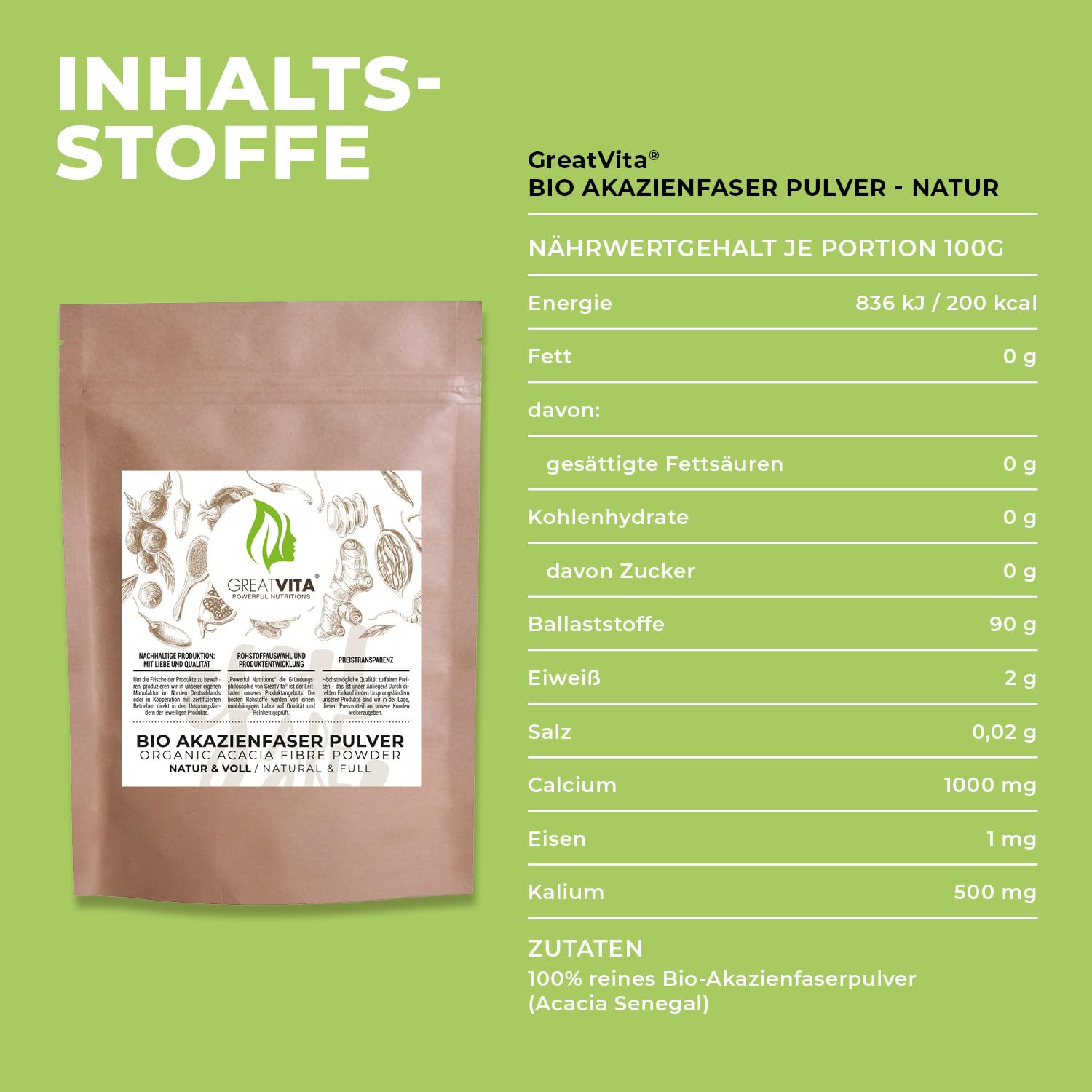 GreatVita Bio Akazienfaser Pulver 400g | über 90% lösliche Ballaststoffe - geschmacksneutral & 100?% löslich | vegane Acacia Fibre mit Calcium, Magnesium, Kalium & Phosphor | ohne Gentechnik & Zusätze