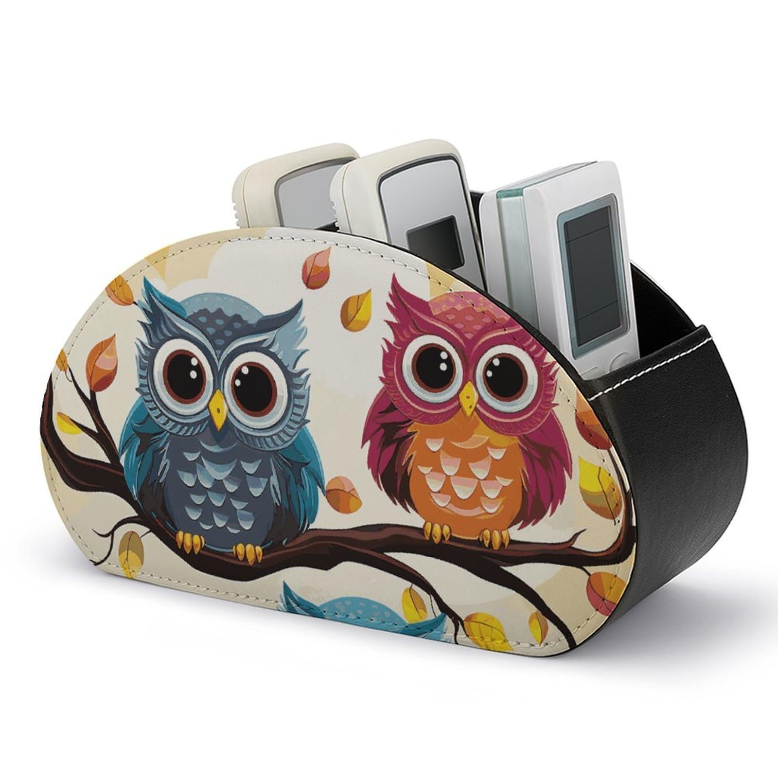 JTREHY Owls on Tree Branches Remote Control Holder with 5 Compartments Pu Leather Remote Caddy Box Multi-functional Deskt Holders Organizer Box Tray Bedside Table Storage Organizer