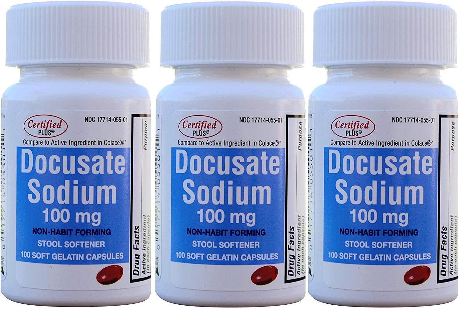 Docusate Sodium 100 mg Softgels for Gentle, Reliable Relief from Occasional Constipation Generic for Colace 100 Softgels per Bottle Pack of 3 Bottles Total 300 Softgels