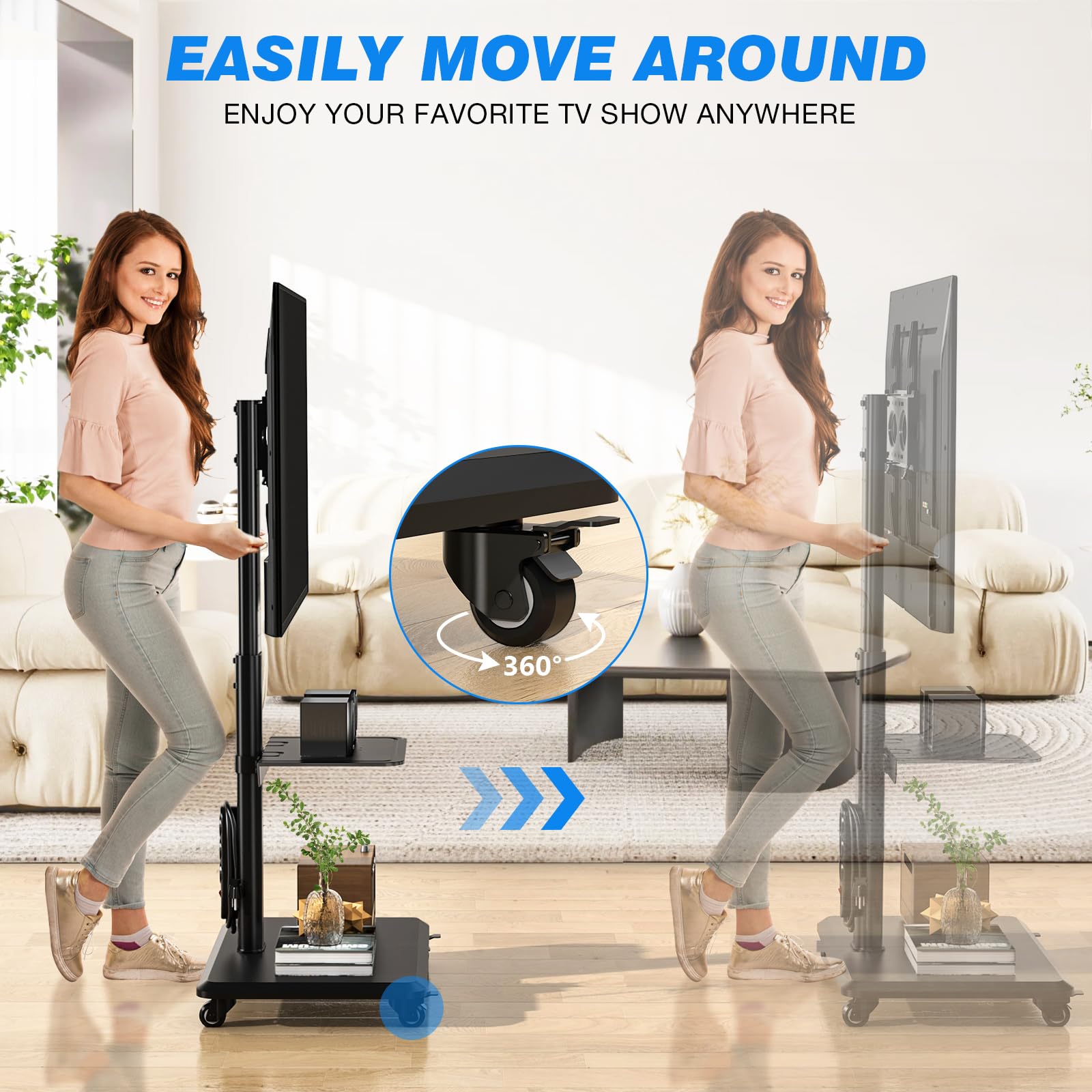 5Rcom Supporto TV Mobile su Ruote per Televisori Curvi da 32-55 Pollici, Supporto TV Girevole con Base in Legno, Altezza Regolabile con un Ripiano, Max VESA 400x400 mm fino a 35 kg