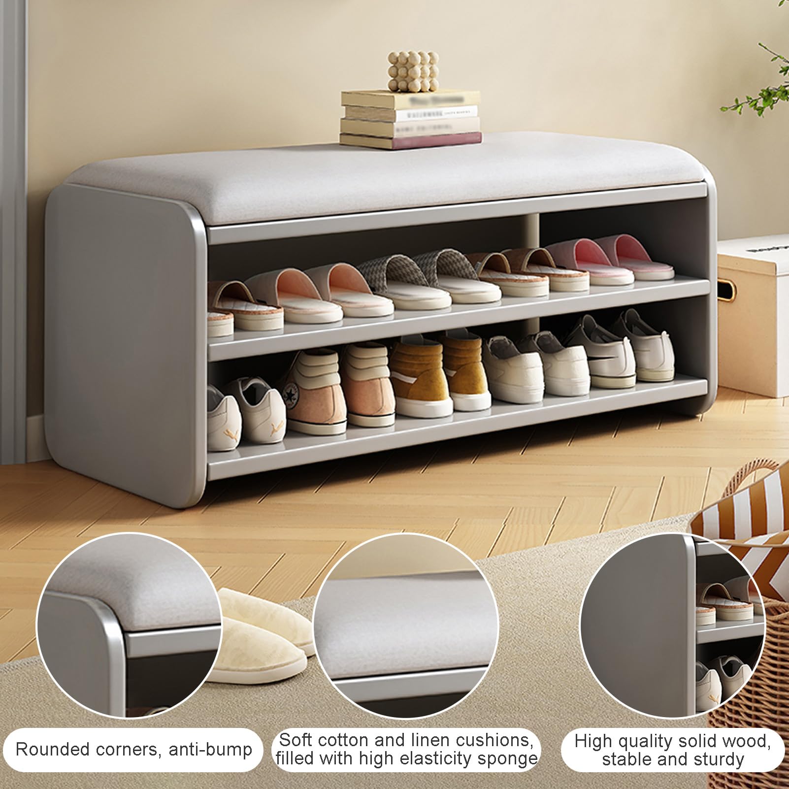 3 Tier Shoe Rack Bench - 39.4" Solid Bamboo Entryway Storage Bench, Farmhouse Style For Hallway, Living Room