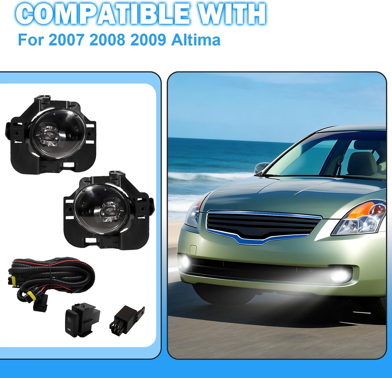 LED Fog Lights Compatible with 2007-2009 Nissan Altima 4DR Sedan Bumper Driving Fog Lamps Assemblies with Switch and Wiring Harness