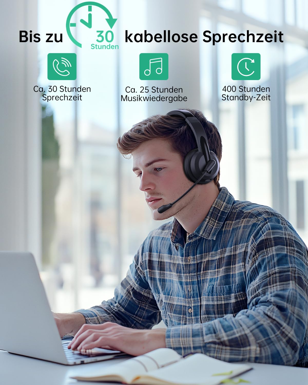 syndesmos Headset mit Mikrofon Bluetooth, Verstellbares Kopfband Headset PC, Unterstützt 2,4 G/Bluetooth V5.3/Kabelgebundene Verbindung, für Telefon, Tablette, CallCenter, Büro, Treffen, Geschäft