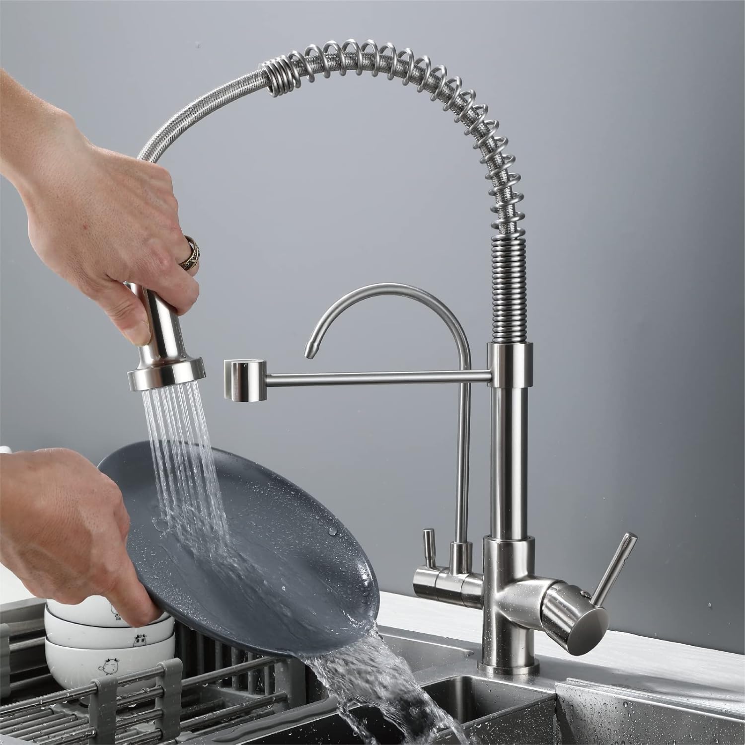 HUAHUALALA Kitchen Faucet with Filter, 3 in 1 Kitchen Sink Faucet 2 Handle with Spring Sprayer，Brass Drinking Water Faucets Reverse Osmosis Brushed Nickel