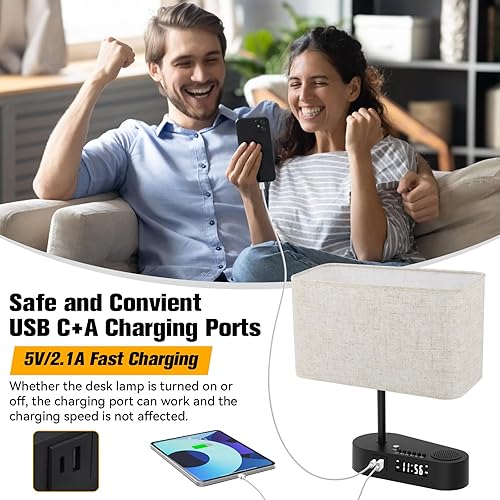 Miniatura 4 de Lámpara de mesa con puertos de carga USB A y C, modernas lámparas de noche con reloj despertador y altavoces, lámpara táctil de escritorio regulable