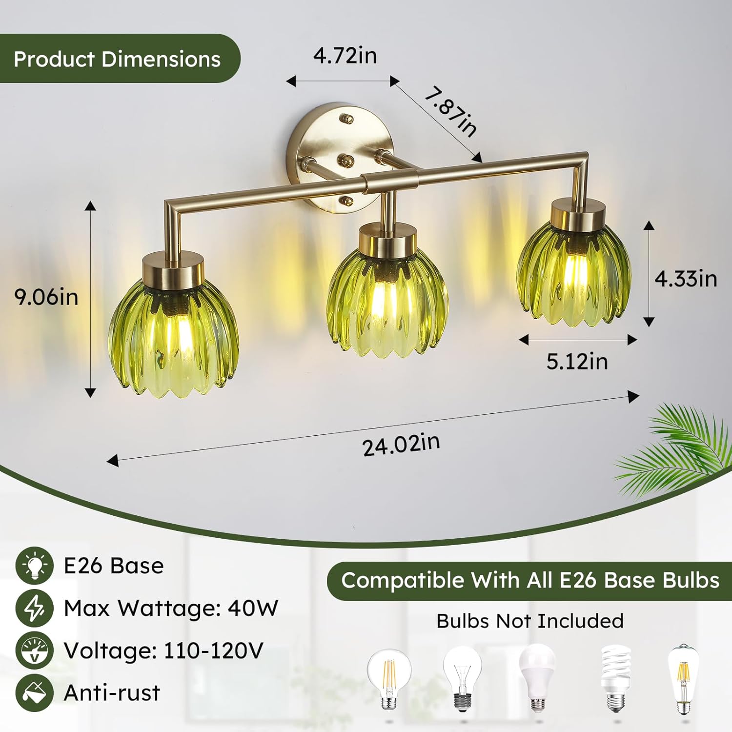 Generies Green Glass Vanity Light, Vintage 3-Light Bathroom Vanity Light Fixture Over Mirror, Art Deco Wall Sconce Lighting for Bathroom, Bedroom, Hallway, Brushed Gold