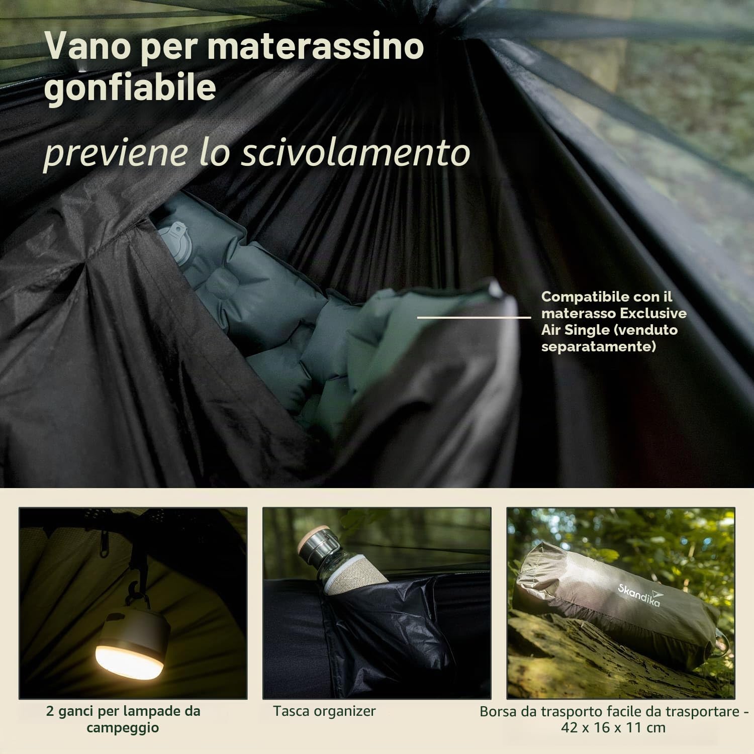 Skandika Tenda amaca Rian | Amaca da esterno con zanzariera, portata 200 kg, ultraleggera, in nylon, traspirante, set da appendere all'albero