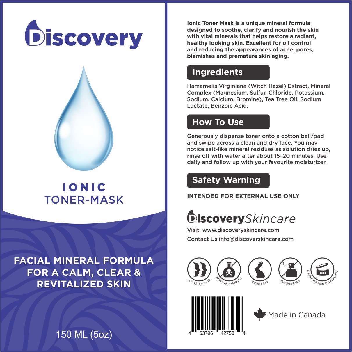 Ionic Toner-Mask | Mineral Formula For A Calm, Clear & Revitalized Skin | For Acne-prone, Pores, Blemishes, Redness, & Oily Skin | Witch Hazel + Tea Tree Oil 5 Fl OZ / 150 ML