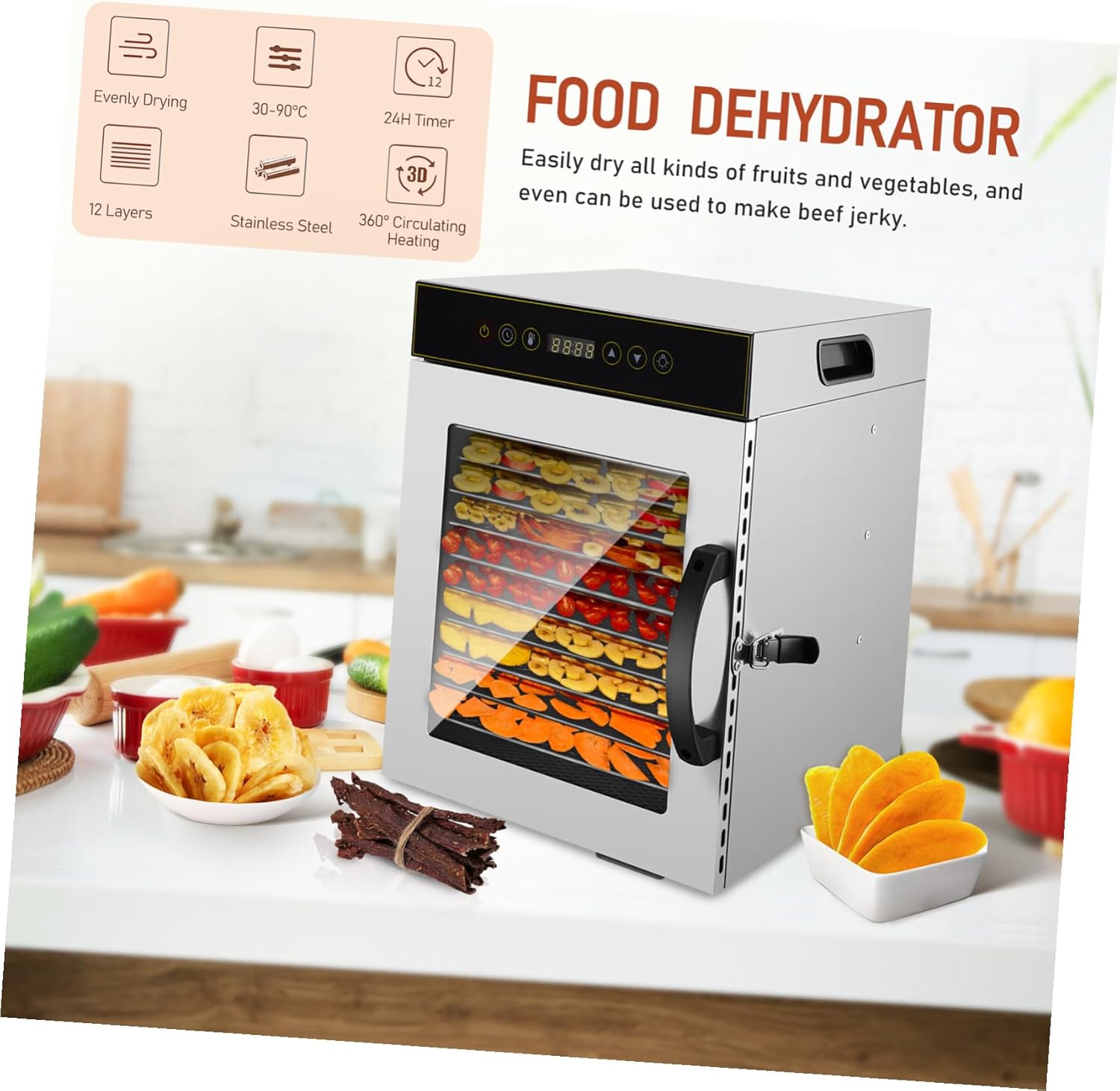 Alipis Stainless Steel Food Dehydrator Machine with Trays Timer and Temperature Control Electric Dryer for Fruits Meats Veggies Dog Treats Household Multifunctional Snack Maker with US