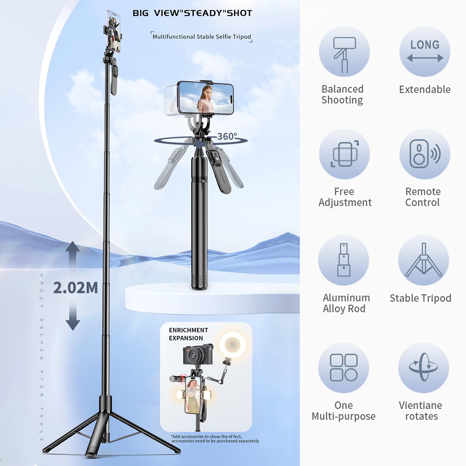 Treppiede per Selfie Stick, Selfie Stick Estensibile 3 in 1 in Alluminio con Telecomando Wireless, Treppiede per Telefono Cellulare Aggiornato con Testa a Sfera a 360° per