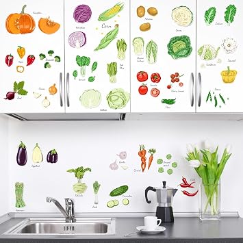Cartoon Kitchen Vegetable Word Wall Stickers, Removable Onion Pumpkin Fruit Wall Decals for Kitchen Window Restaurant Fridge Dining Room Decor