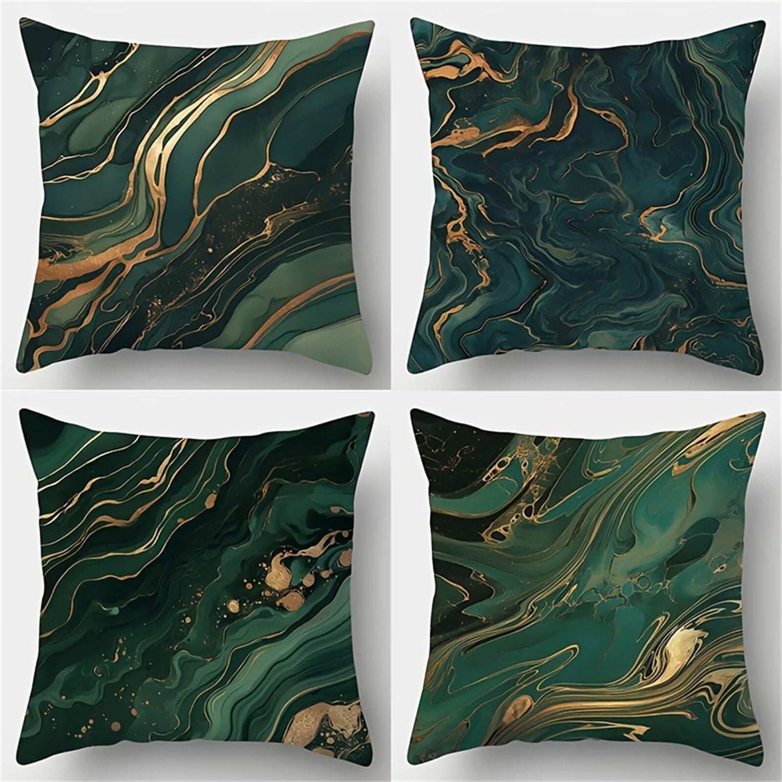 QiHon Cushion Covers 45x45 cm Set of 4 Dark Green Marble Linen Square Pillow Cases 18x18 inch Modern Decorative Throw Pillow Covers for Sofa Couch Bedroom Home Office with Invisible Zipper