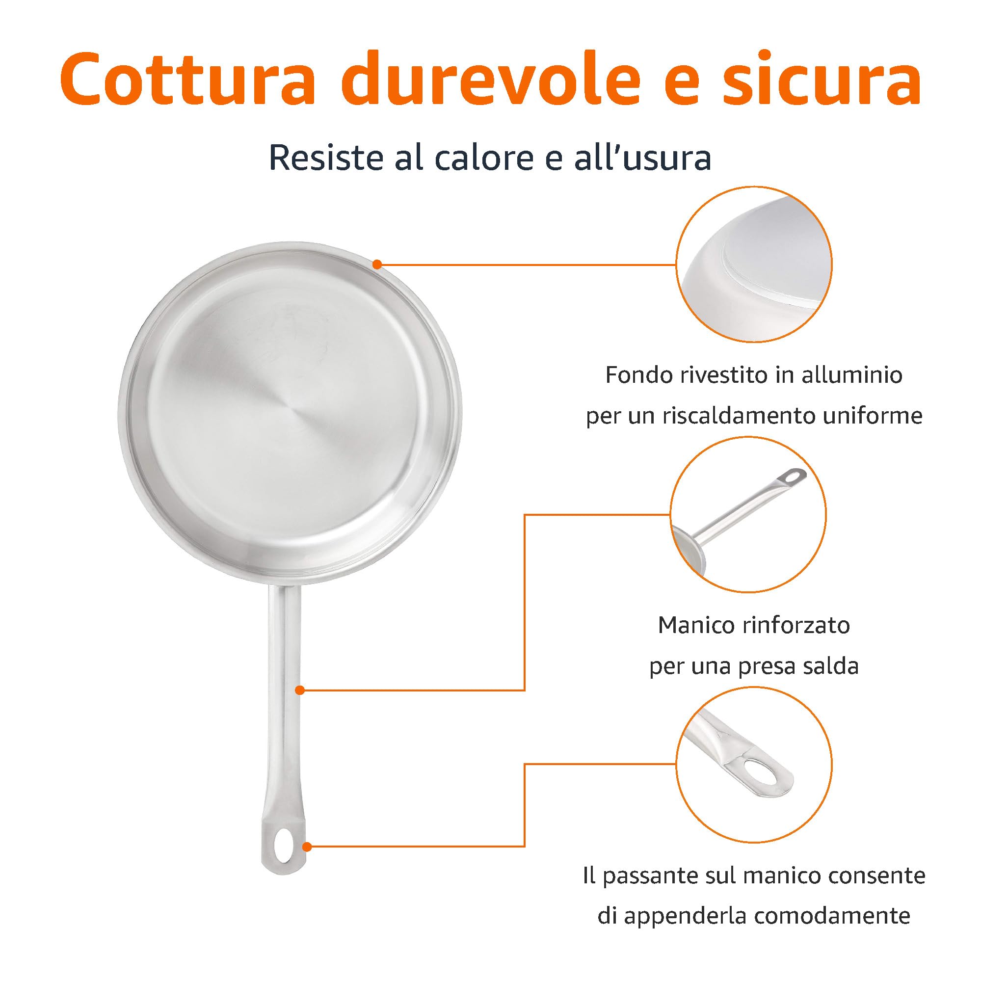 Amazon Basics Set di 3 padelle in acciaio inox rivestite in alluminio, da 20, 24 e 30 cm, adatte al forno, lavabili in lavastoviglie, Argento