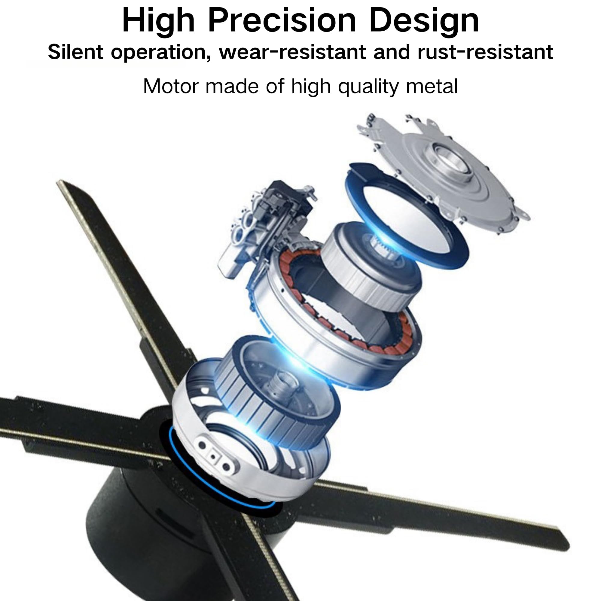 Proiettore ologramma 3D, telecomando, Bluetooth, controllo app, ventola LED con scheda di memoria da 8 GB per fiere e negozi