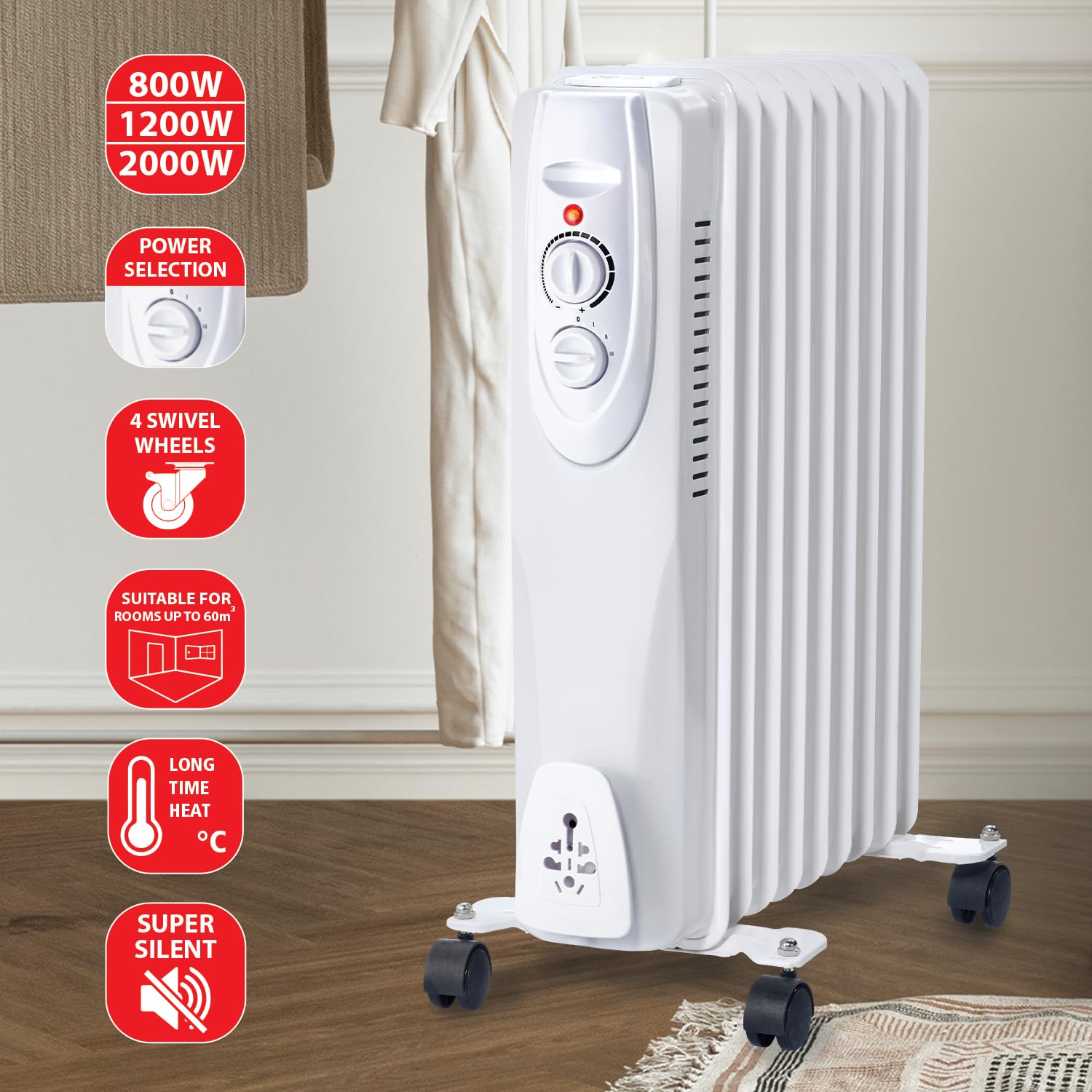 Velamp Radiatore ad Olio 9 elementi 2000 W – riscaldamento silenzioso e uniforme, 9 lamelle efficienti, termostato regolabile, ruote trasportabili