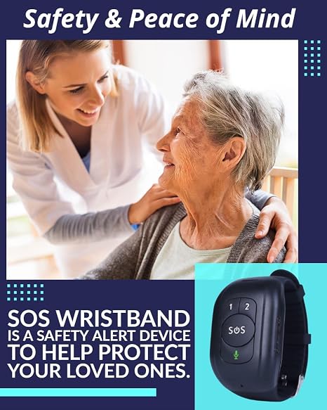 Elderly woman wearing SOS GPS Tracking Wristband while her nurse comforts her.