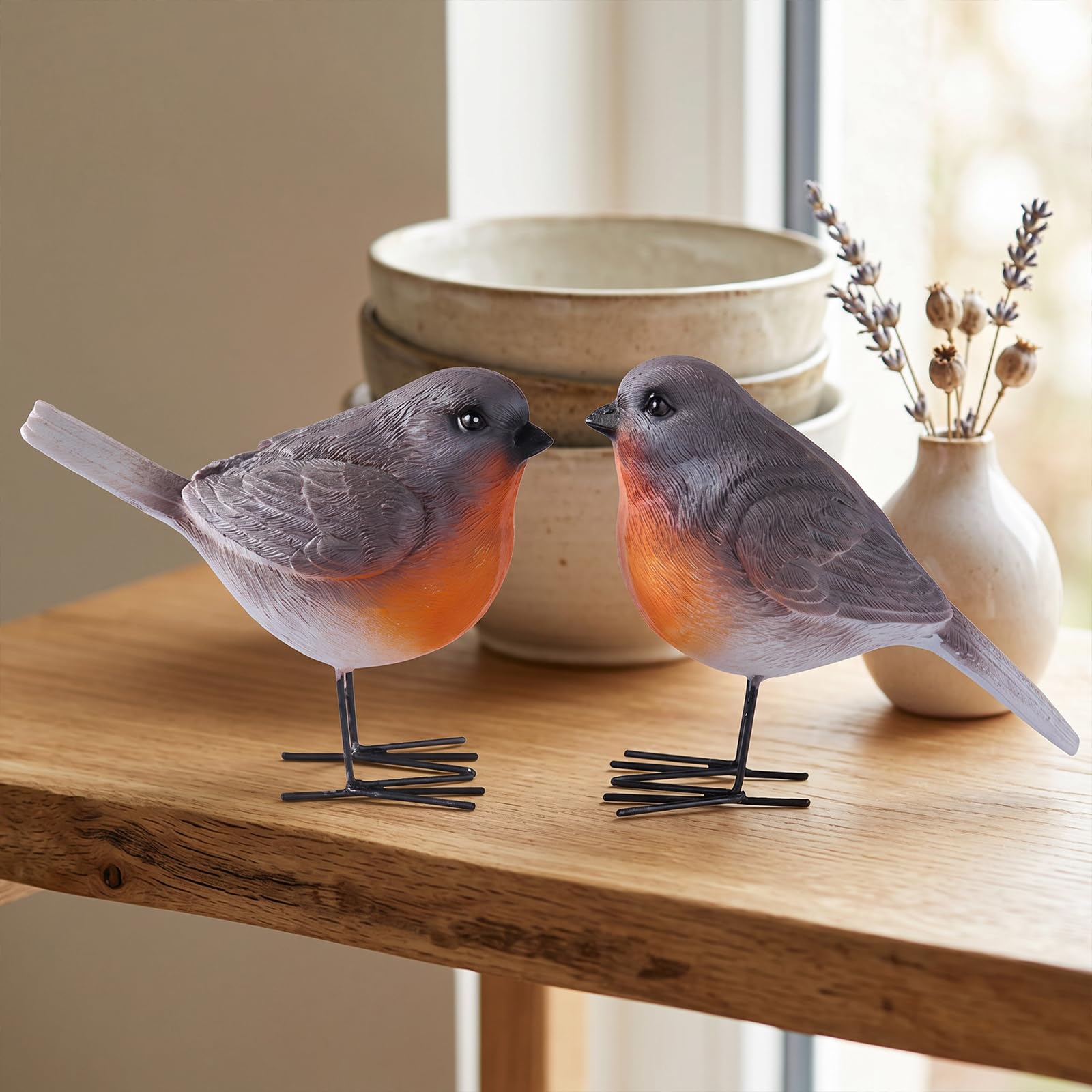 Pair of Realistic Resin Couple Bird Statues Robin Figurine Desktop Ornament