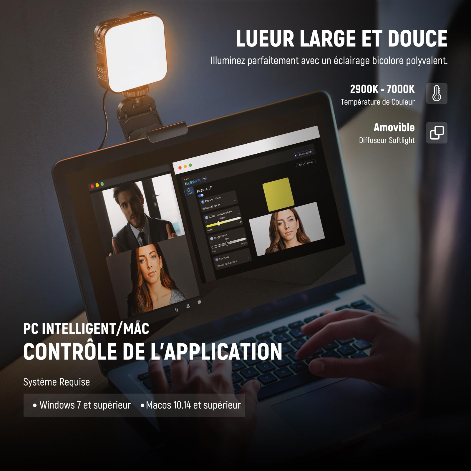 NEEWER Lumière Vidéo Conférence LED Lampe Streaming avec App Contrôle Mac/PC, Monture&Support de Moniteur 2 en 1, Éclairage de Webcam USB 2900K-7000K pour Visioconference, Réunion Zoom, PL81 Pro