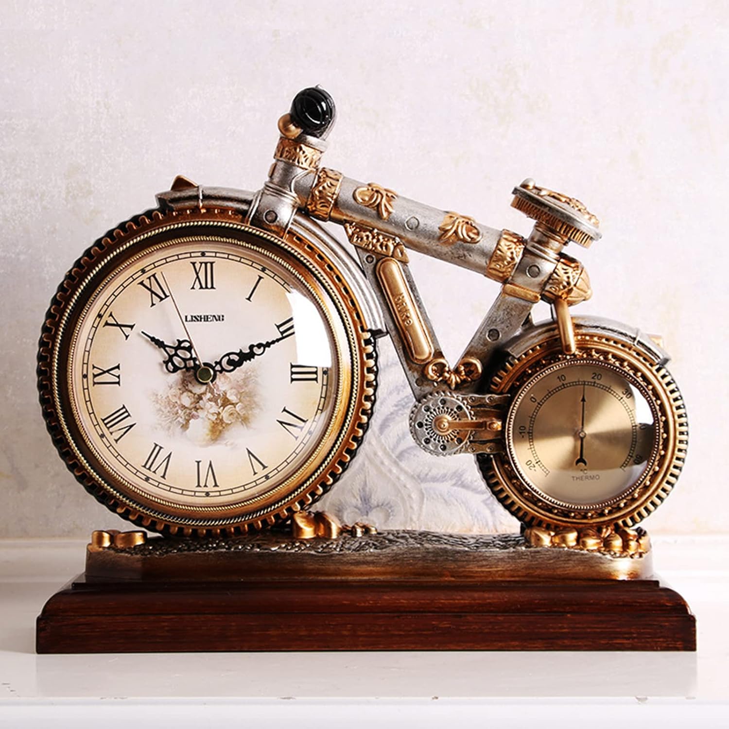 Mantel Clock Resin Decoration Motorcycle Mantel Clock Silent Decorative Solid Wood Battery Operated Mantle Clock for Fireplace Mantel Office Desk Shelf Home Decor Gift (D)