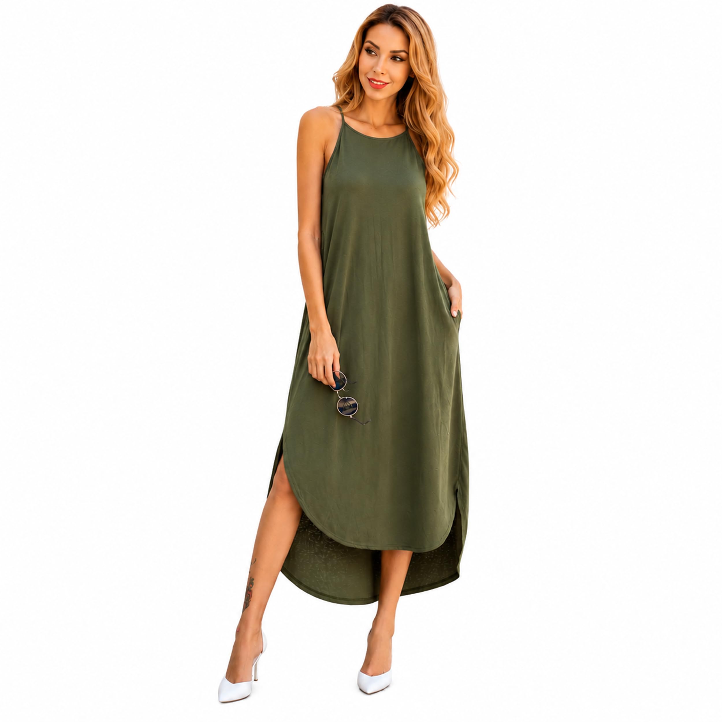 Es-Uk Women's 2009 - Khaki Sleeveless Maxi Dress Casual Loose Fit Swing Dress Spaghetti Strap Summer Midi Dress With Side Split Beach Holiday Sundress (Khaki, Xl)