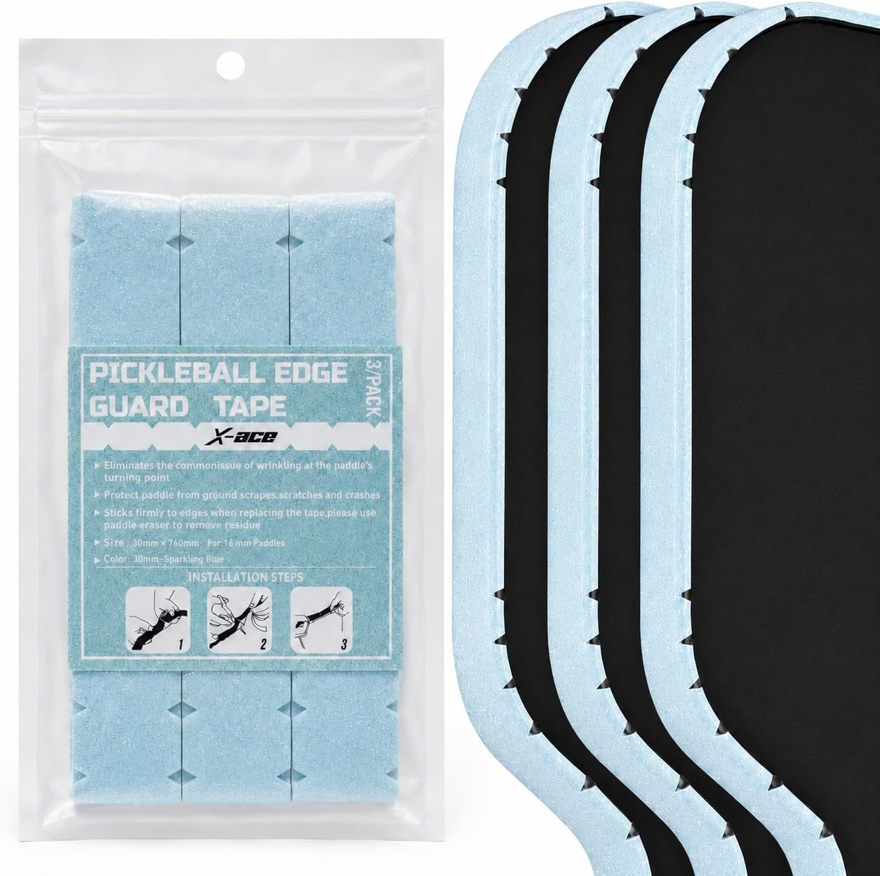 2.0 Sparkle Pickleball Edge Guard Tape 3-Pack - Thickened TPU Protection Tape for 16mm Paddles - 30mm x 760mm - Glitter Scratch-Resistant No Residue Adhesive - Easy Install