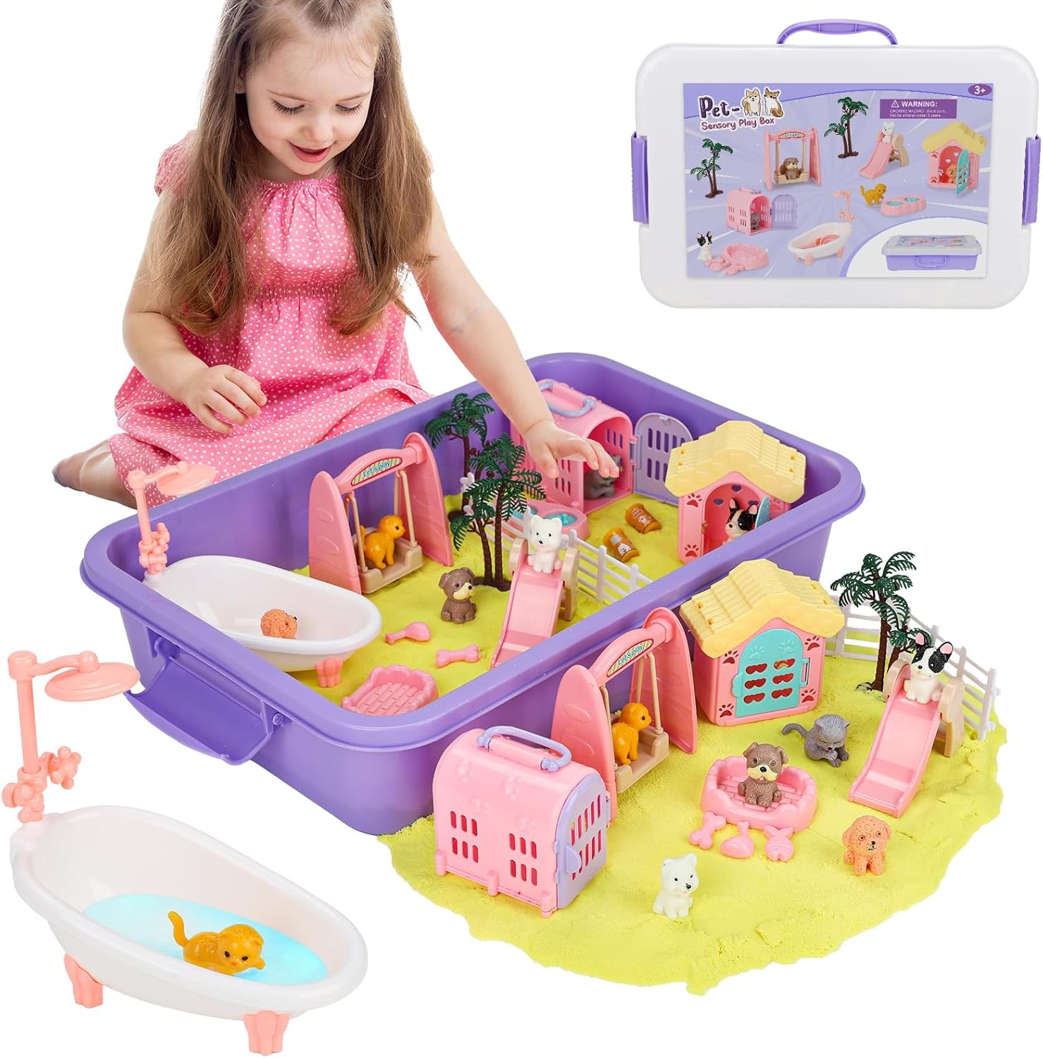 Mathea Sensory Bin for Toddlers Kids Sand Play Kit, 2.2 lbs Sand with Pet Cat Figures, Beach Toys Pretend Play Toys for Girls Boys Ages 3 4 5 6