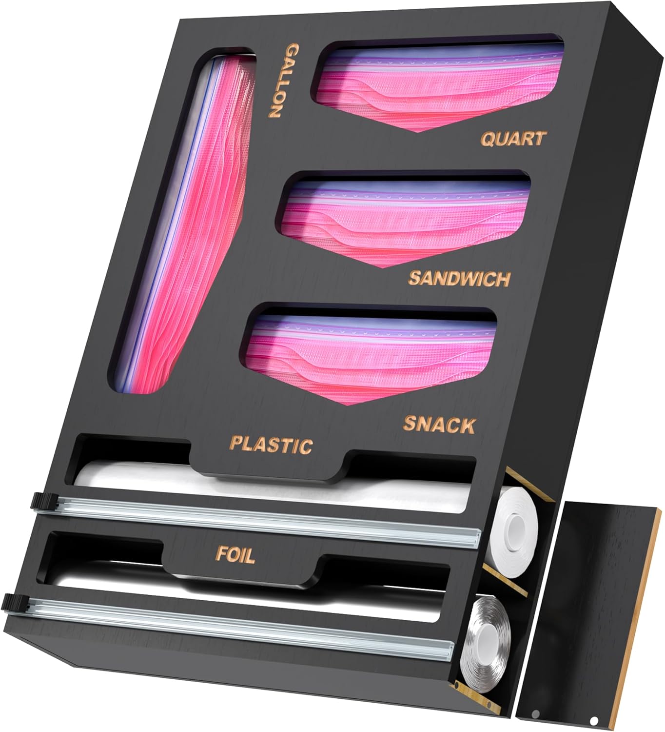 6 in 1 Bag Organizer and Wrap Dispenser with Magnetic Lid – Plastic Wrap Dispenser with Cutter for Kitchen Drawer, Storage for Gallon, Quart, Sandwich, Snack Bags, and Foil Black