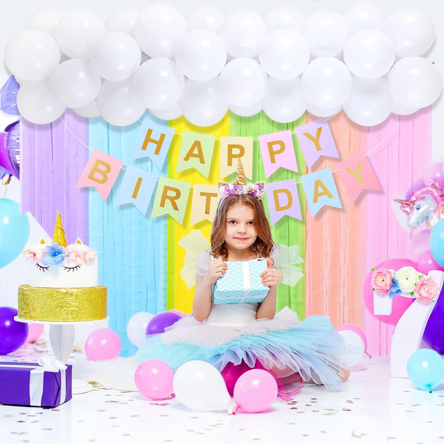 Skylety 57pcs Pastel Rainbow Birthday Decorations, Includes Happy Birthday Unicorn Banner, 12'' Balloons, Pastel Macaron Paper Streamers Unicorn Backdrop for Rainbows Birthdays Decoration Photography - Image 6