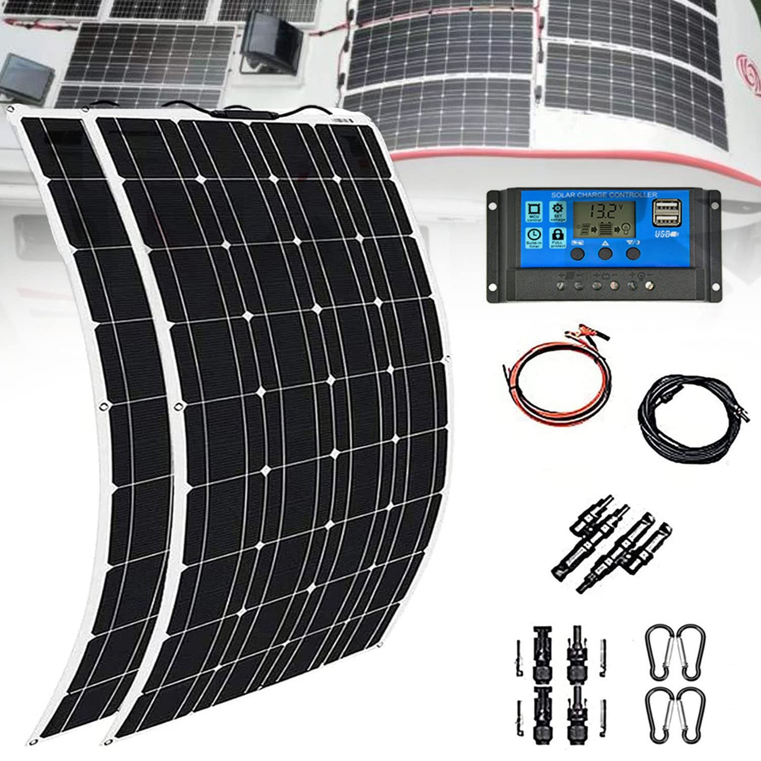 Kit de Panel Solar Flexible portátil de 600 W, 12 V-24 V, 2 Paneles solares fotovoltaicos de 300 W con Controlador de 40 A, Kit de Sistema de Panel Solar monocristalino Fuera de la