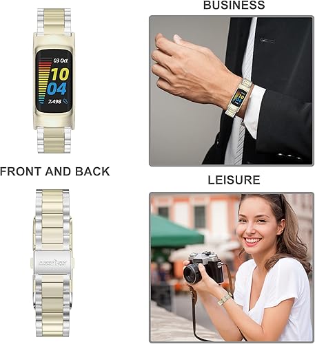 Miniatura 4 de Wearlizer Compatible con correas clásicas de acero inoxidable para Fitbit Charge 5 + bandas brillantes (oro sólido, dorado y plateado)