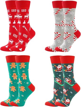 TOAMOUR Christmas Socks for Women, 4 Pairs Fun Novelty Crew Socks for Mom | Gifts for Mother Wife Grandmother Sister Daughter and Girlfriend, Cotton Crew Socks, Smooth Toe