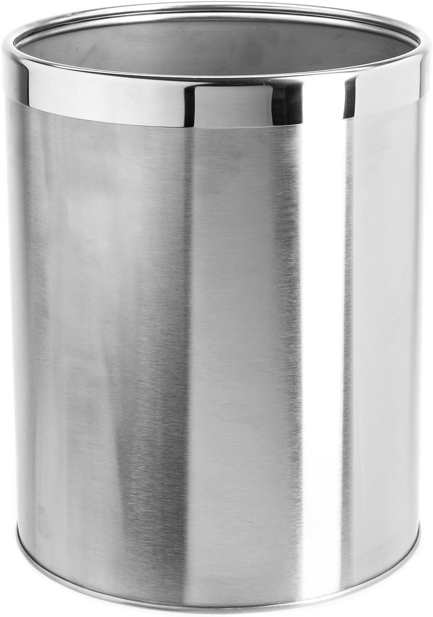 Bennett Small Office Trash Can, Open Top Small Wastebasket Bin, Stainless Steel Garbage Can, Detach-A-Ring' Metal Waste Basket for Powder Room, Bathroom, Home, Modern Home Décor (Dia. 9.6 x H 11.8)