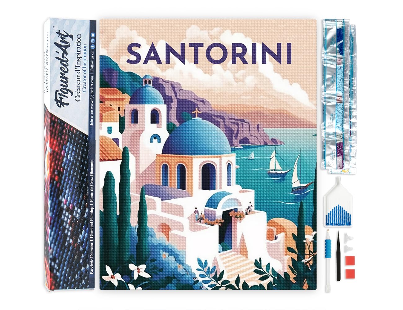 Figured'Art Diamond Painting Art 5D kit completo 40x50cm Tela Arrotolata - Diamonds Quadrati - Poster di viaggio a Santorini - Pittura Diamante - Attività Creativa per Adulti