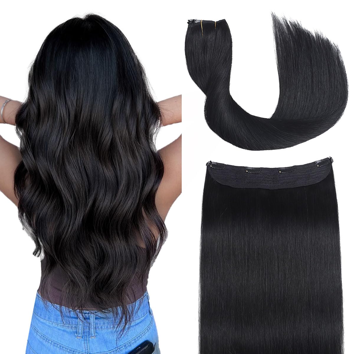 Sindra Wire Hair Extensions Real Human Hair 1 Jet Black Invisible Wire Hair Extensions with Transparent 16inch 70g Seamless Fish Line Hairpiece
