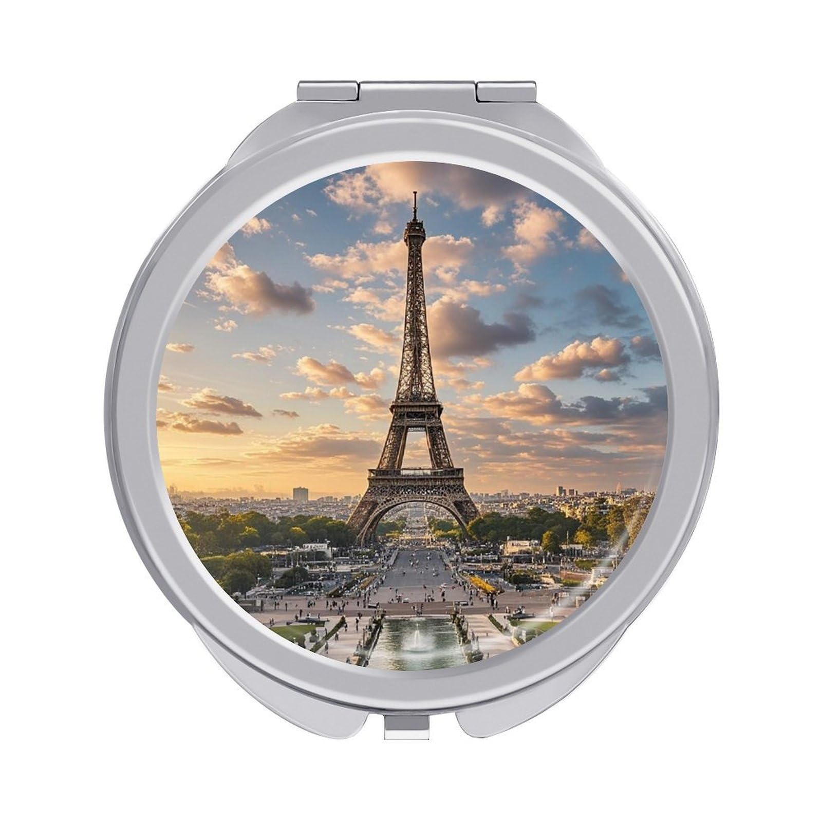 FekiLoot French Paris Tour Eiffel Tower Travel Makeup Mirror for Women Folding Portable Hand Compact Mirrors Small Round Vanity Mirror 1X/2X Magnifying Metal Pocket Makeup Mirrors