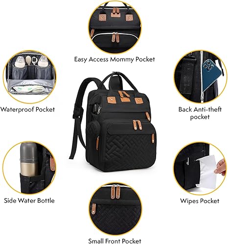 Miniatura 3 de Mochila para pañales para bebé con cambiador, almohadilla de extensión, artículos esenciales para bebés, cambiador, Blak, Mochila de pañales