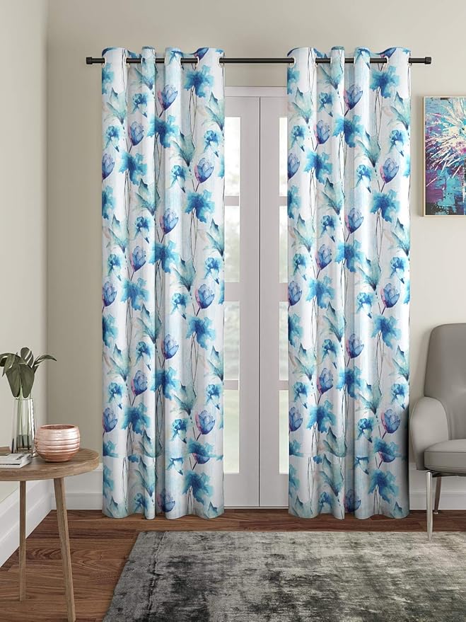 Home Sizzler 2 Pieces Abstract Flower Eyelet Polyester Door Curtains - 7 Feet, Blue