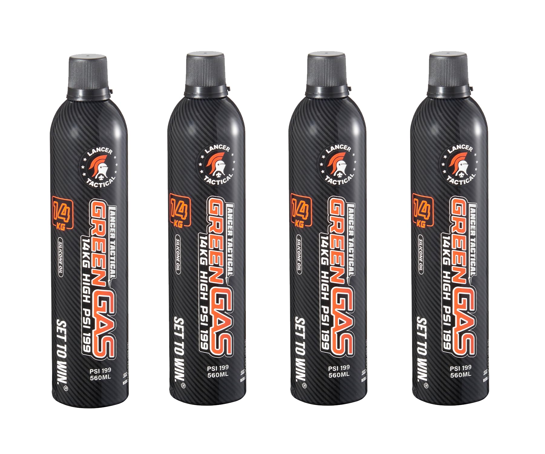 Lancer Tactical 560ml/18.9oz 14kg Powerful Green Gas High PSI G-1200 for Airsoft Pistol, Airsoft Rifle, Air Gun (Silicone Oil/Oil Free) -Pack of 4