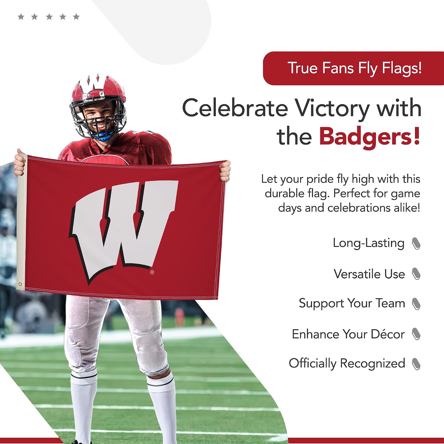Wisconsin Badgers College Sports Printed Flag - NCAA Licensed - Nylon - School Banner (Red, White) (2' x 3')