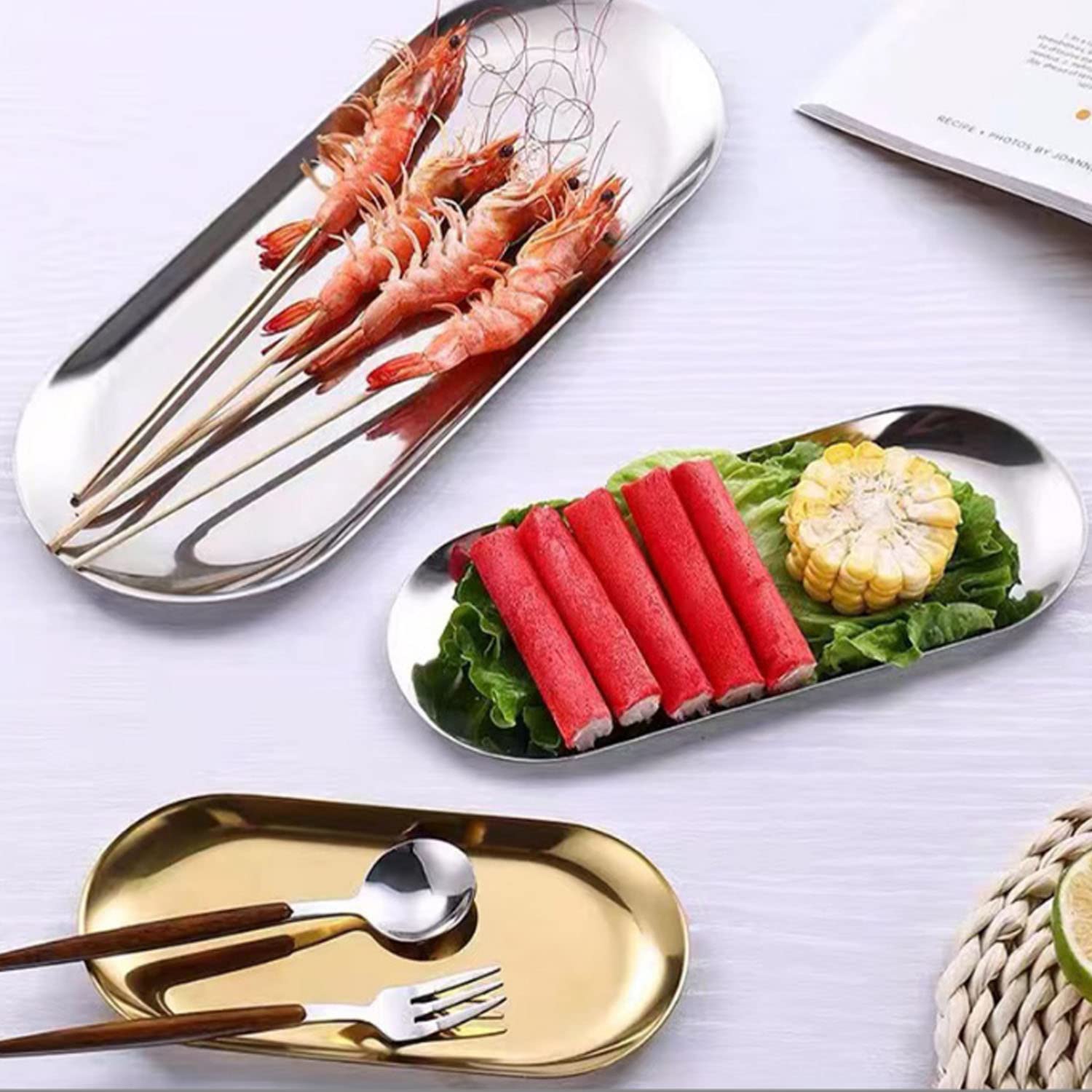 Plato de Merienda Postre Barbacoa Ovalado Bandeja Pequeña Acero Inoxidable Fuente de Servicio Compacta para Hogar Cocina Restaurante Hotel Camping Exterior Fiesta (6 Pcs)