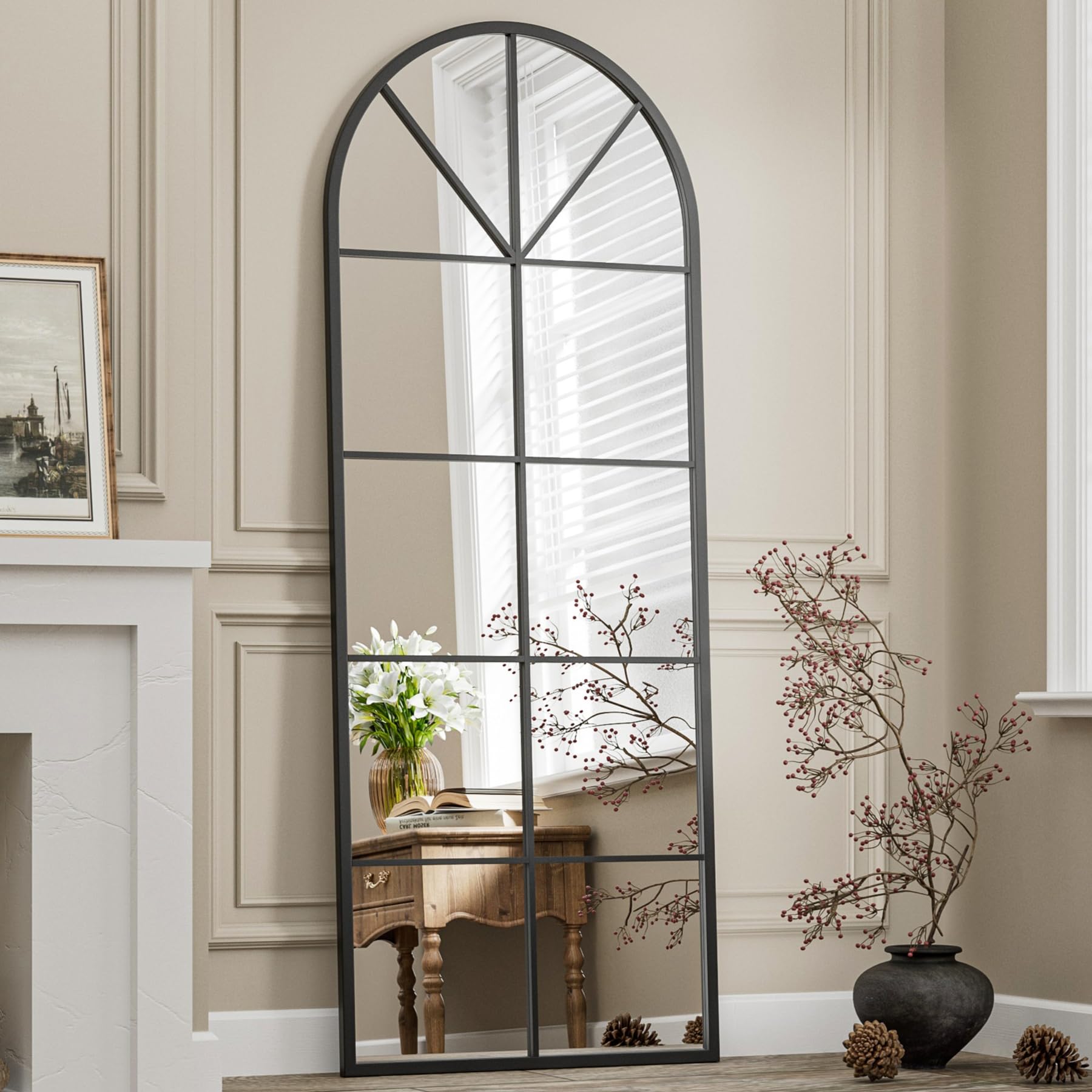Full Length Mirror, 65"x22" Arched Window Pane Mirrors for Wall Decor, Black Full Body or Wall Mounted Mirrors, Farmhouse Standing Mirror Hanging or Leaning for Living Room, Entryway, No Stand