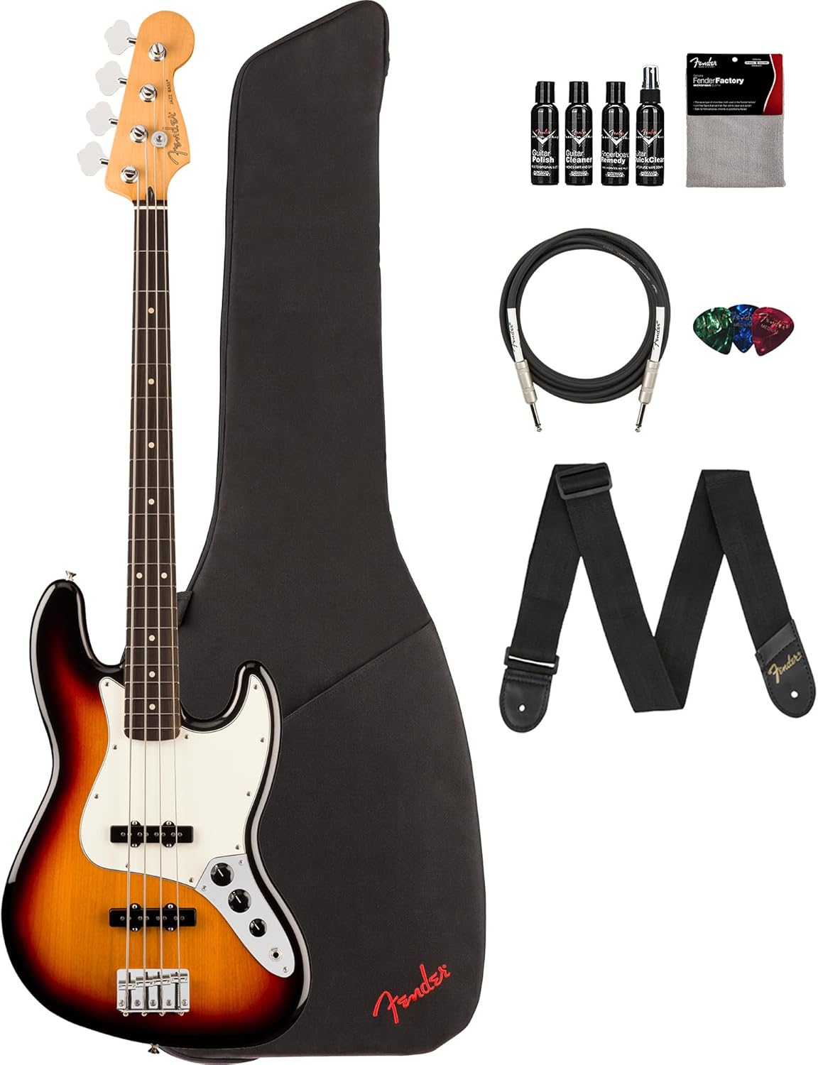 Fender Player II Jazz Bass - 3-Color Sunburst Bundle with Gig Bag, Strap, Cable, 3-Pack Picks and Guitar Cleaning Kit