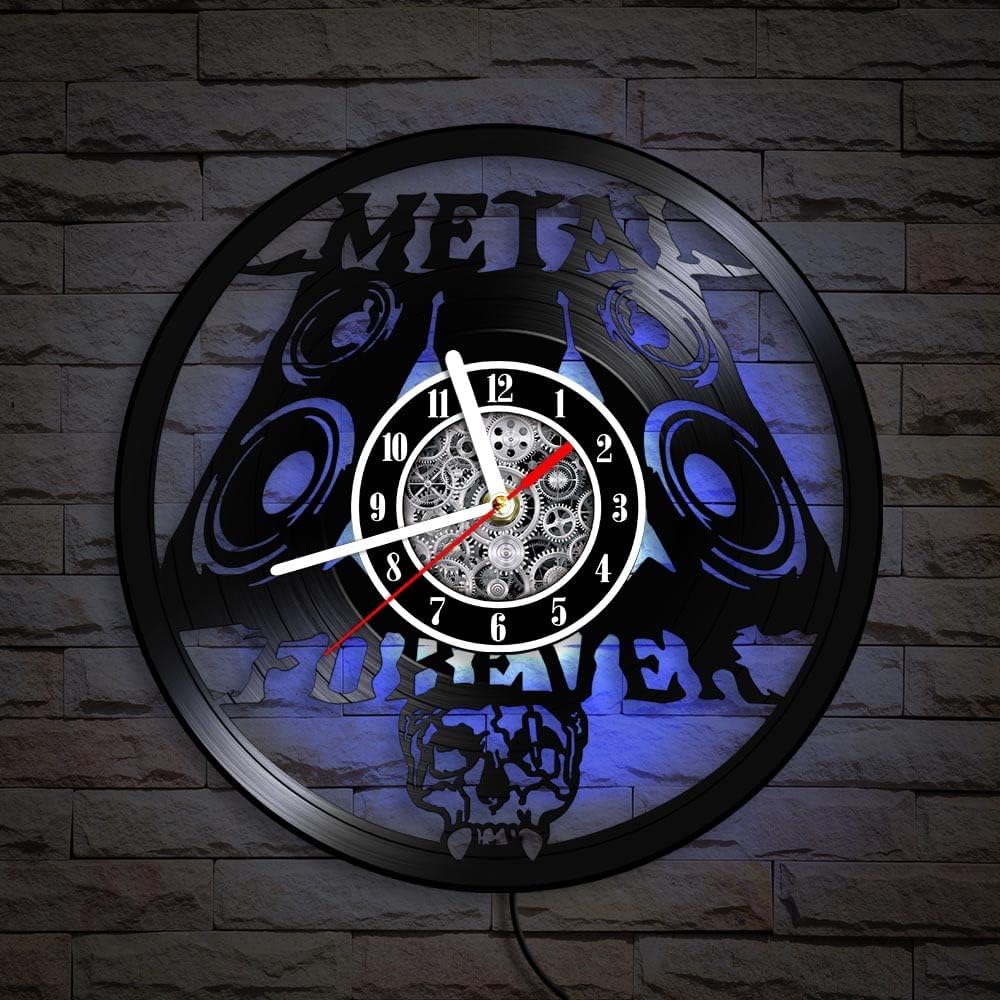 The Geeky Days LED Vinyl Record Wall Clock 7 Color Light, Heavy Metal Music Skull 12inch Silent Non Ticking Luminous Hanging Watch Rock Music Band Group Night Club Decor